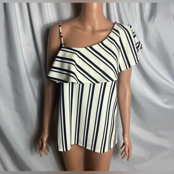 Banana Republic Women’s Blouse Tank One Side Strap Ruffle Size M Two Tone Stripe - Picture 1 of 8